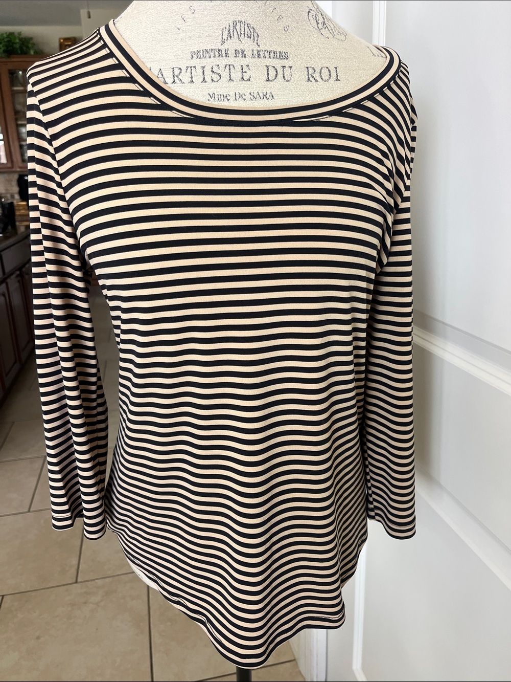 EUC Chico's tan and black striped three-quarter sleeve shirt size medium